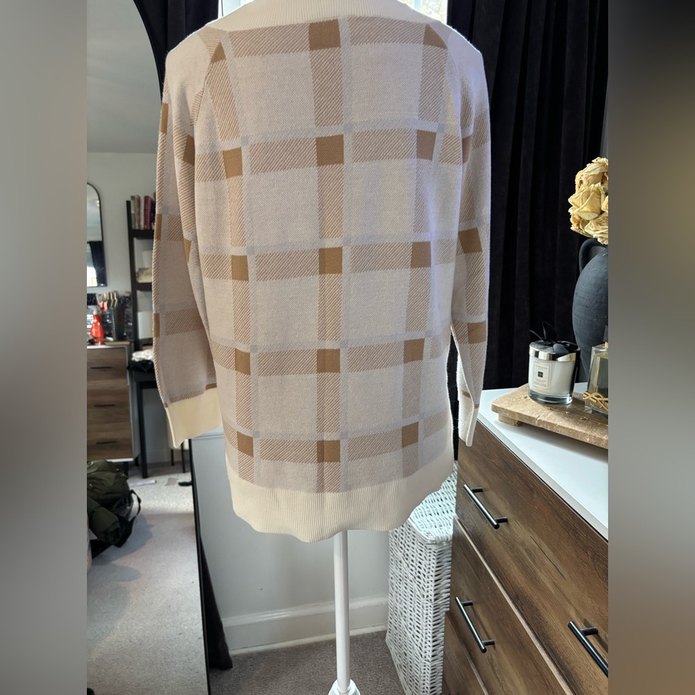 LOFT Plaid Crew Neck Sweater - Cream and Brown - Picture 3 of 6